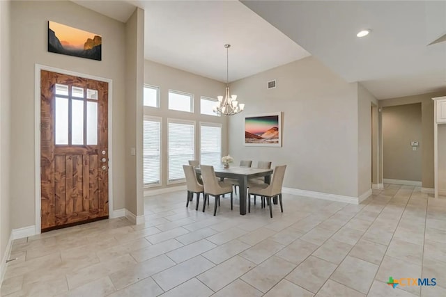 dining area featuring light tile patterned floors, recessed lighting, visible vents, baseboards, and an inviting chandelier