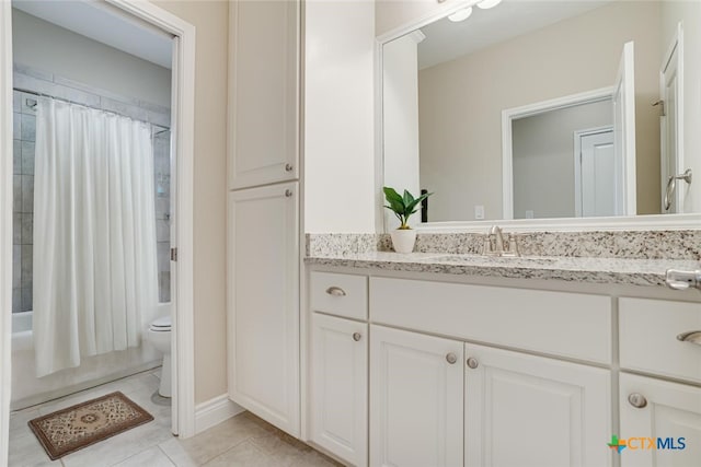 full bath featuring toilet, shower / bath combination with curtain, tile patterned flooring, and vanity