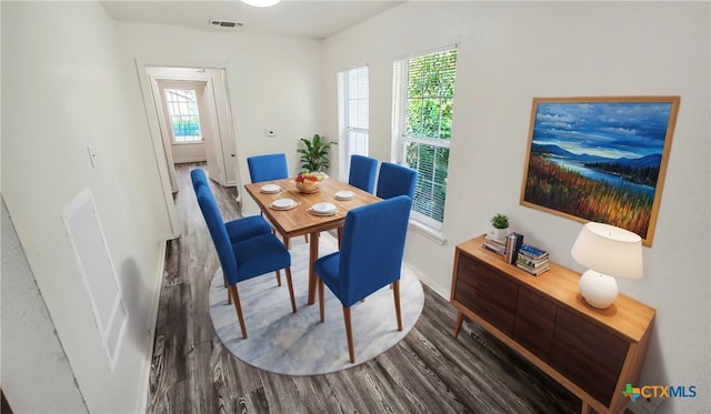 dining space featuring a wealth of natural light and dark hardwood / wood-style flooring