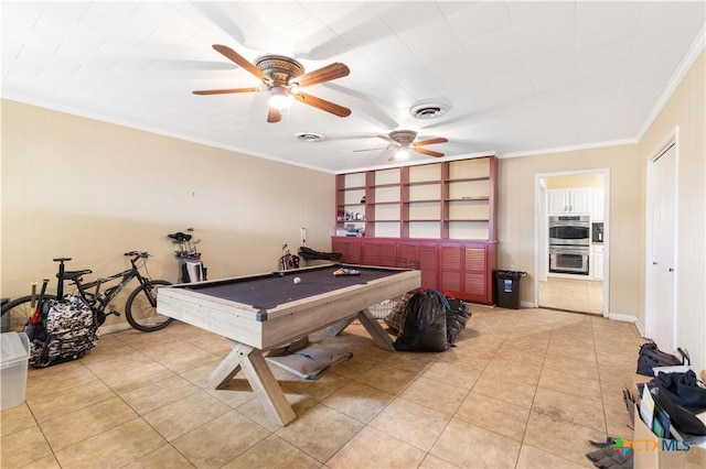 204 W Johnson St, Cuero, TX 77954 - playroom featuring light tile patterned flooring, ceiling fan, billiards, and crown molding
