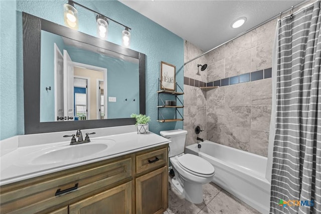 1442 Neff Dr, Copperas Cove, TX 76522 - bathroom with a textured wall, shower / bath combination with curtain, vanity, and tile patterned floors