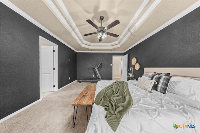 1442 Neff Dr, Copperas Cove, TX 76522 - bedroom with a raised ceiling, crown molding, carpet, a textured wall, and ceiling fan