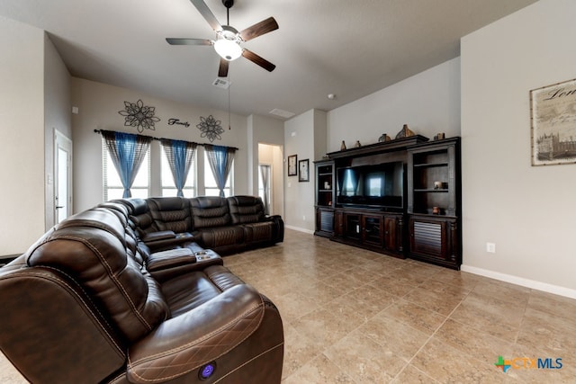 living room with ceiling fan