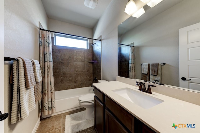 full bathroom with toilet, vanity, tile patterned floors, and shower / bathtub combination with curtain