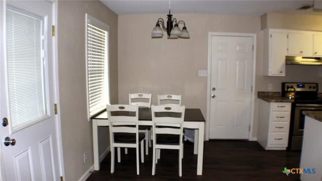 4601 Evergreen Ln, Victoria, TX 77904 - dining space featuring a chandelier, plenty of natural light, and dark wood-style flooring