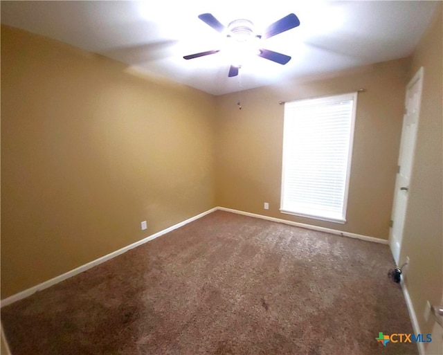 unfurnished room with a wealth of natural light, ceiling fan, and carpet flooring