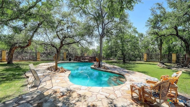 680 Saddleridge Dr, Wimberley, TX 78676 - view of pool with a yard, a fenced in pool, a fenced backyard, and a patio area