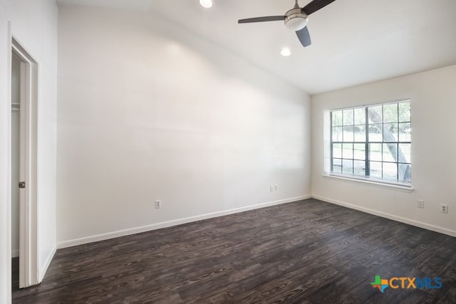 1102/1104/1106 Academy St, San Marcos, TX 78666 - empty room featuring baseboards, lofted ceiling, ceiling fan, and dark wood-style flooring