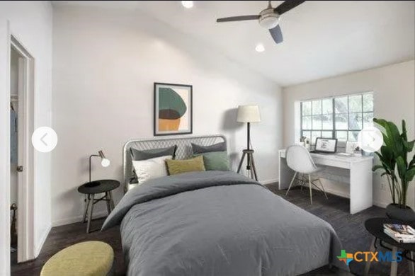 1102/1104/1106 Academy St, San Marcos, TX 78666 - bedroom with wood finished floors, baseboards, lofted ceiling, recessed lighting, and ceiling fan