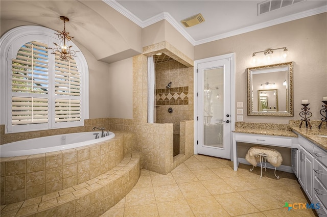 bathroom with an inviting chandelier, vanity, ornamental molding, plus walk in shower, and tile patterned floors