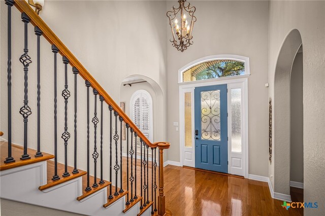 entrance foyer featuring wood-type flooring and a towering ceiling