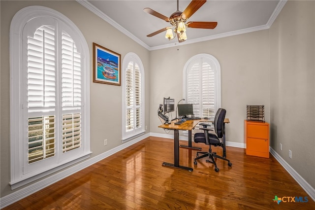 office with dark wood-type flooring, ceiling fan, and ornamental molding