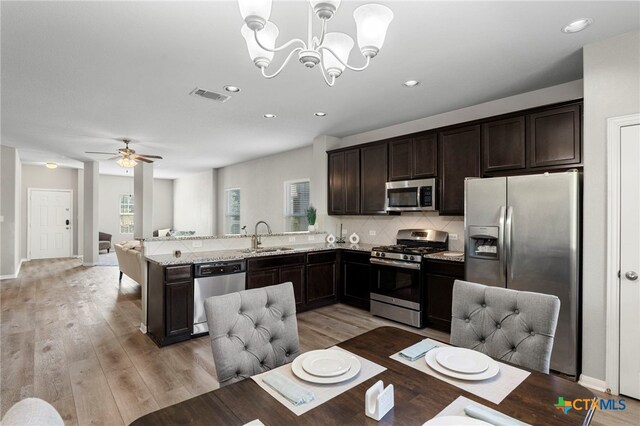 480 Waterloo Dr, Kyle, TX 78640 - kitchen featuring appliances with stainless steel finishes, dark brown cabinets, tasteful backsplash, light wood-style flooring, and a peninsula