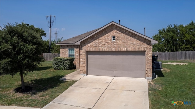 480 Waterloo Dr, Kyle, TX 78640 - ranch-style house featuring brick siding, central air condition unit, an attached garage, and driveway