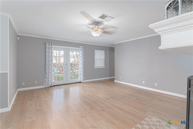 unfurnished living room featuring visible vents, a ceiling fan, ornamental molding, french doors, and light wood-type flooring