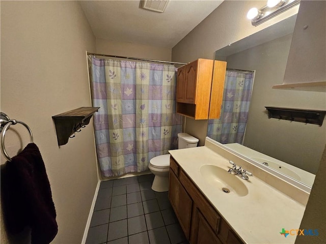 bathroom with tile patterned flooring, vanity, toilet, curtained shower, and visible vents