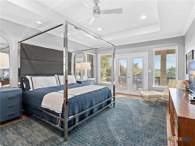 bedroom with ceiling fan, access to outside, and french doors