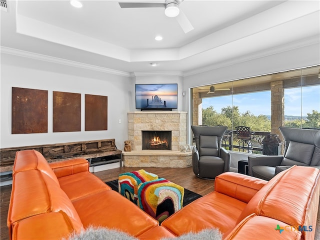 living room with hardwood / wood-style flooring, ceiling fan, a stone fireplace, and a raised ceiling