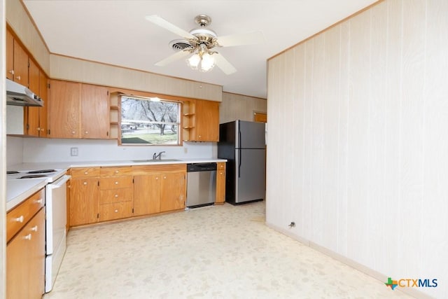 kitchen featuring under cabinet range hood, stainless steel dishwasher, freestanding refrigerator, open shelves, and white electric range oven