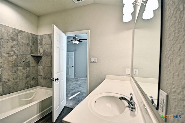 475 Autumn Leaf Dr, New Braunfels, TX 78130 - bathroom with vanity, a ceiling fan, and wood finished floors