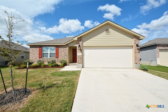 475 Autumn Leaf Dr, New Braunfels, TX 78130 - ranch-style home featuring brick siding, a garage, concrete driveway, and a front yard