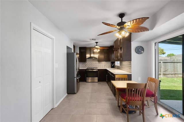 118 Byron Ln, Victoria, TX 77901 - kitchen with appliances with stainless steel finishes, tasteful backsplash, wall chimney range hood, light countertops, and ceiling fan
