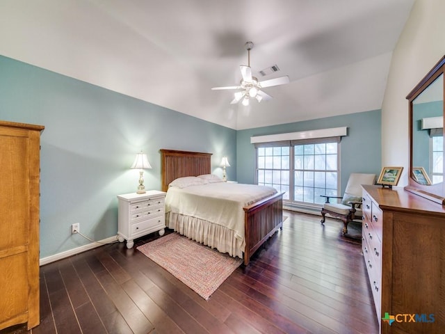 2615 Foresthaven Dr, New Braunfels, TX 78132 - bedroom with multiple windows, lofted ceiling, dark wood-style flooring, baseboards, and ceiling fan