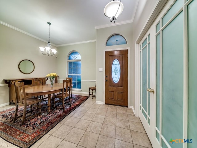 2615 Foresthaven Dr, New Braunfels, TX 78132 - entryway with ornamental molding, a chandelier, light tile patterned floors, and baseboards