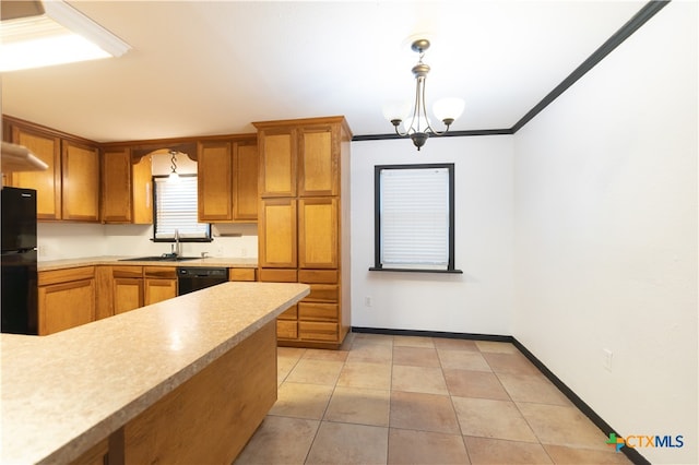 kitchen with black appliances, ornamental molding, light tile patterned floors, hanging light fixtures, and an inviting chandelier