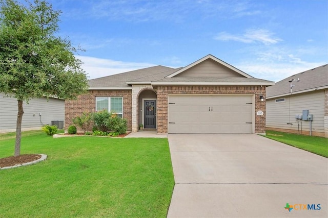 single story home featuring central AC, a garage, and a front lawn