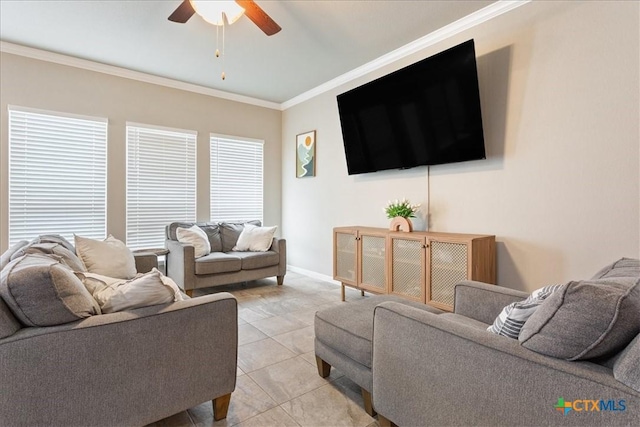 tiled living room with crown molding and ceiling fan