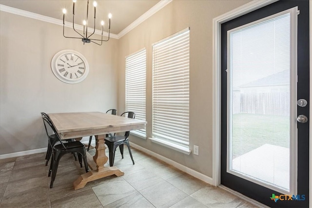 dining area with an inviting chandelier, ornamental molding, light tile patterned flooring, and a wealth of natural light