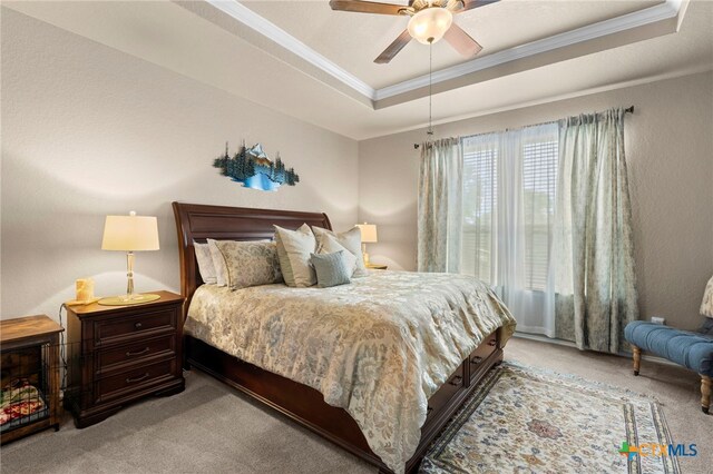 12530 Crockett Way, San Antonio, TX 78253 - bedroom with carpet floors, a tray ceiling, crown molding, and ceiling fan