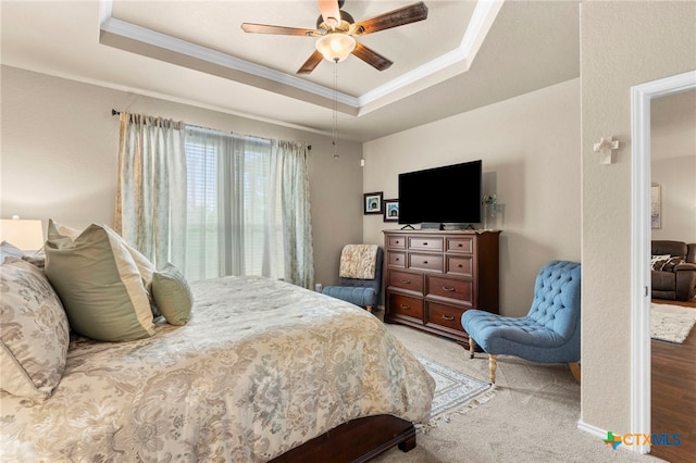 12530 Crockett Way, San Antonio, TX 78253 - bedroom with crown molding, a tray ceiling, and ceiling fan