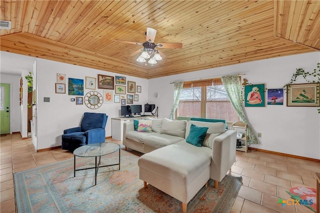 tiled living room with ceiling fan, wooden ceiling, and vaulted ceiling