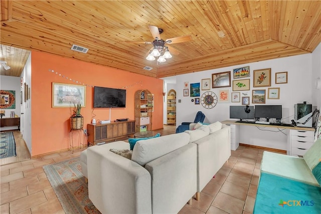 living room featuring ceiling fan, light tile patterned floors, and wood ceiling