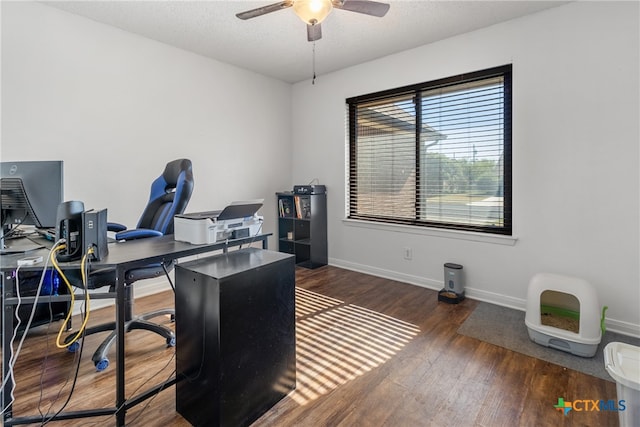 office featuring dark hardwood / wood-style flooring and ceiling fan