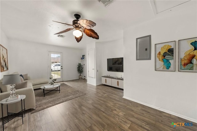 living area featuring electric panel, wood finished floors, visible vents, and ceiling fan