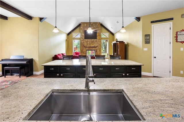335 Mill Run, New Braunfels, TX 78132 - kitchen with dark cabinets, lofted ceiling, light stone countertops, pendant lighting, and wood finished floors