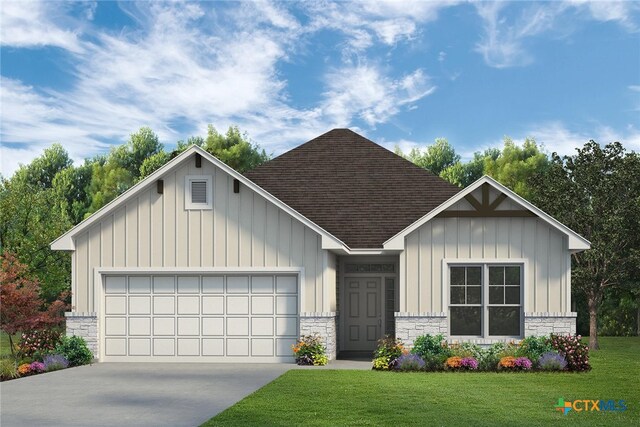 8120 Pineridge Way, Temple, TX 76502 - view of front facade with board and batten siding, roof with shingles, a front yard, stone siding, and an attached garage