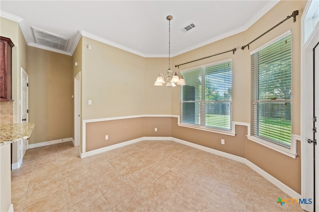 unfurnished room featuring ornamental molding, a notable chandelier, and light tile patterned floors