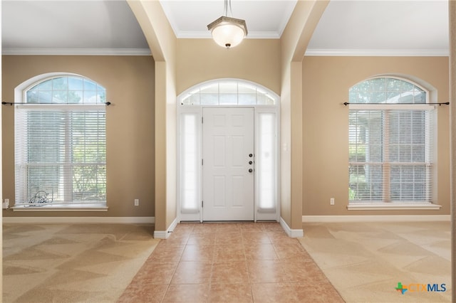 carpeted entrance foyer with plenty of natural light and crown molding