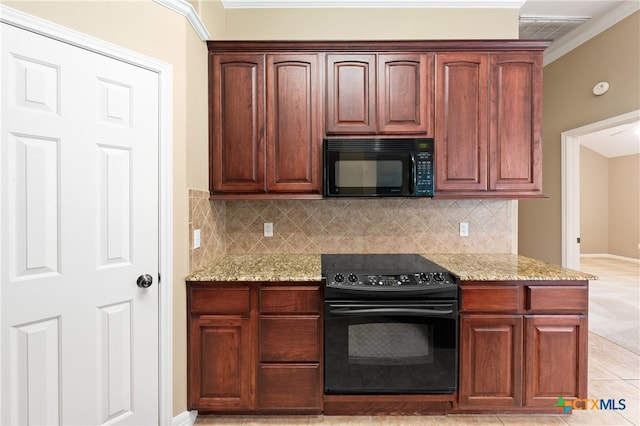 kitchen featuring black appliances, light tile patterned flooring, crown molding, and light stone countertops