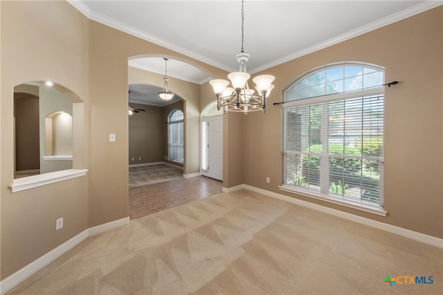 interior space featuring light carpet and crown molding