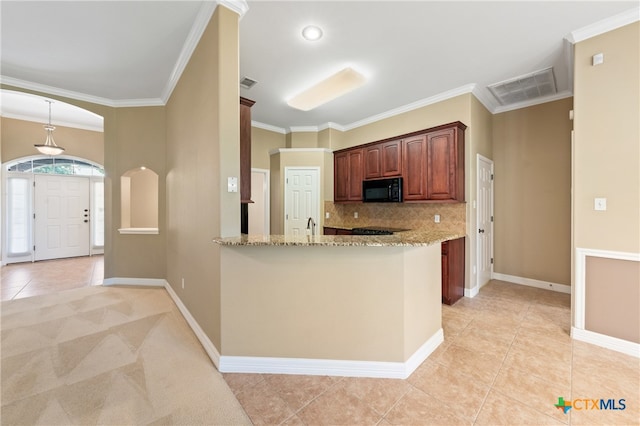 kitchen with kitchen peninsula, tasteful backsplash, light stone counters, ornamental molding, and light tile patterned floors