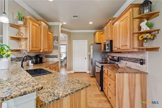 2656 Snow Rd, Kempner, TX 76539 - kitchen with open shelves, appliances with stainless steel finishes, a sink, light stone counters, and recessed lighting