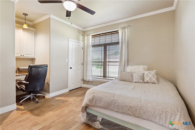 2656 Snow Rd, Kempner, TX 76539 - bedroom with baseboards, light wood-type flooring, ornamental molding, an office area, and ceiling fan