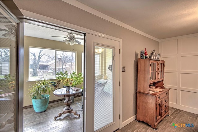 doorway featuring ceiling fan, wood-type flooring, a textured ceiling, and plenty of natural light