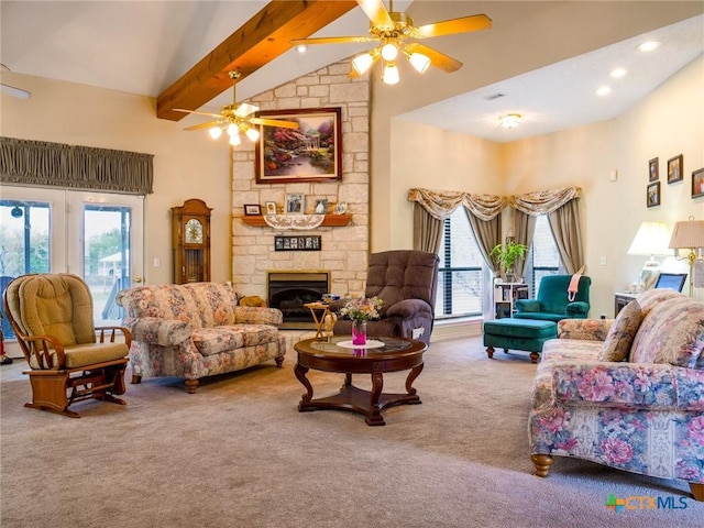 2904 Candace Cir, Horseshoe Bay, TX 78657 - living room featuring ceiling fan, carpet flooring, beam ceiling, a fireplace, and recessed lighting