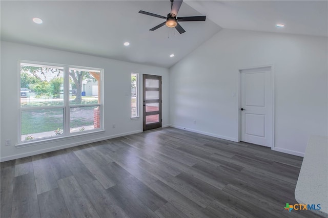 575 Live Oak Dr, Bertram, TX 78605 - spare room with healthy amount of natural light, a ceiling fan, vaulted ceiling, dark wood-type flooring, and recessed lighting